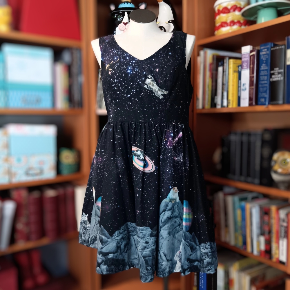 Modcloth "Take Up Space" Fit and Flare Cats Kittens in Space Dress - Picture 4 of 14